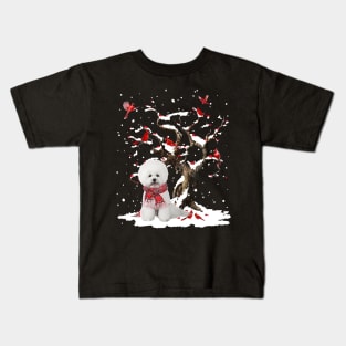 White Bichon Frise Scarf Cardinal Snow Christmas Kids T-Shirt